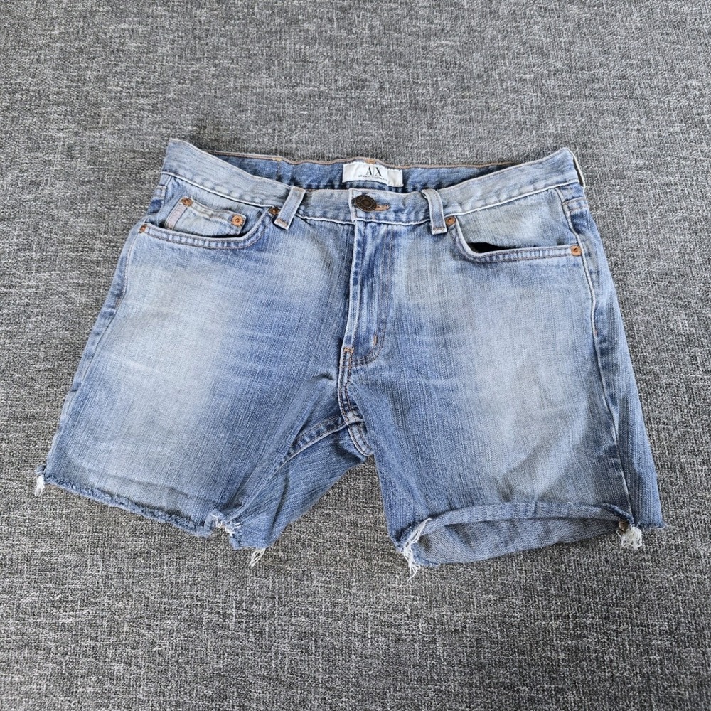 Armani Exchange AX Helix Denim Shorts Medium Wash Distressed Raw Edge Size 10 R